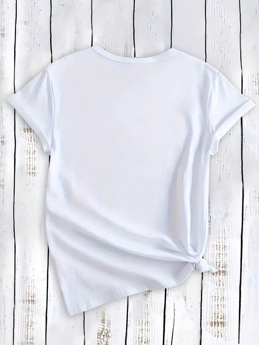 Women'S Black And White Short Sleeve T-Shirt With Easter Bunny, Egg, And Star Print| Playful Holiday Atmosphere, Crew Neck, Slight Stretch Fabric, Ideal Easter Gift