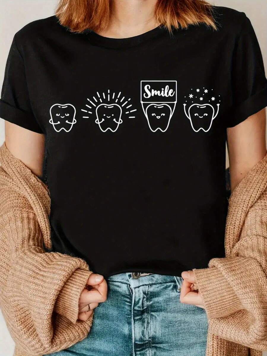 Women's Fun Teeth Print T-Shirt / Soft
