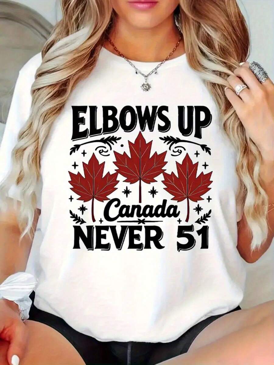 Women's " Canada Never 51" Graphic T-Shirt - Y2K Style Cartoon Maple Leaf & Red/White Lettering Print, Stretchy Comfort Fit Short Sleeve Round Neck Tee