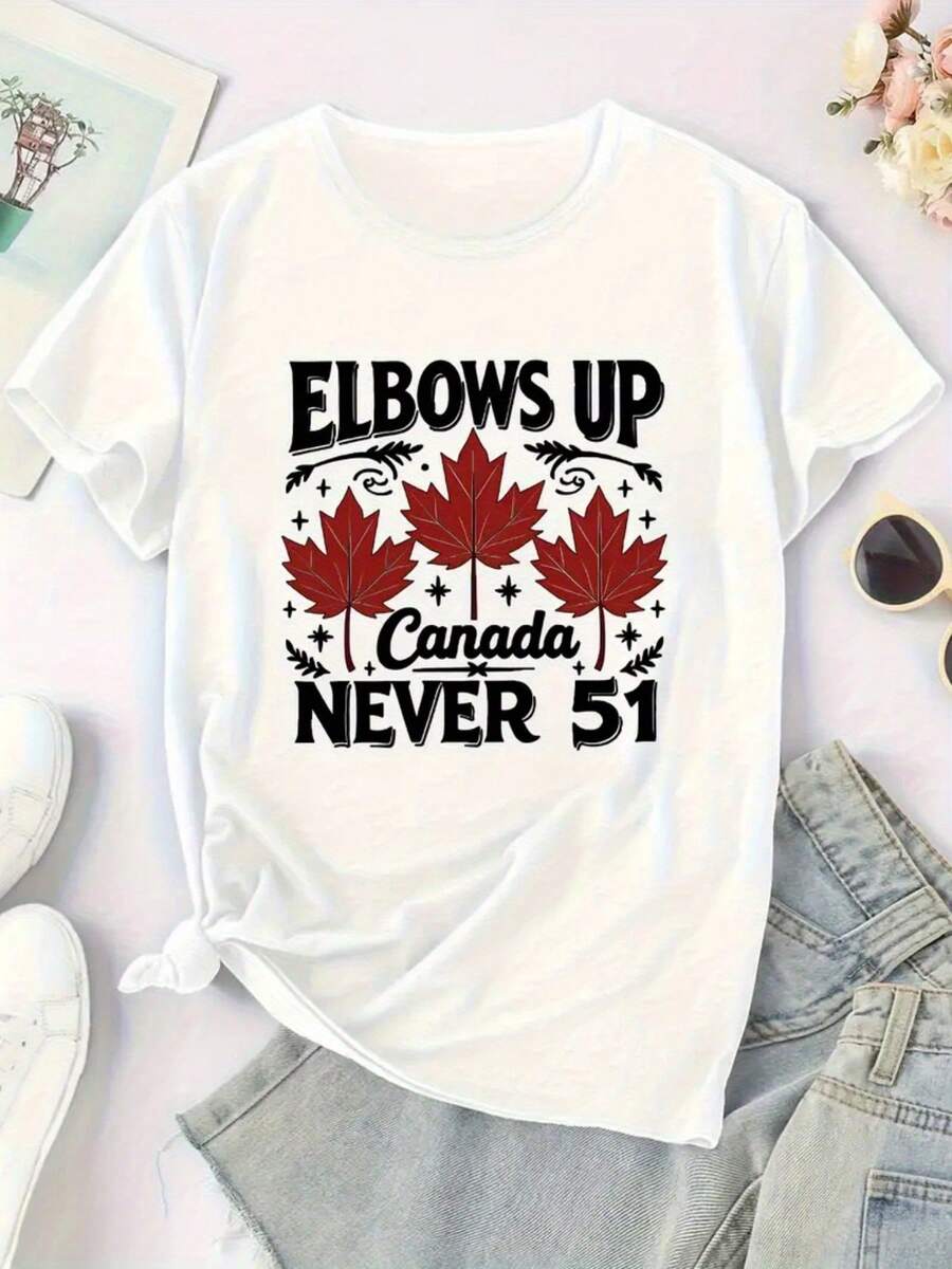 Women's " Canada Never 51" Graphic T-Shirt - Y2K Style Cartoon Maple Leaf & Red/White Lettering Print, Stretchy Comfort Fit Short Sleeve Round Neck Tee