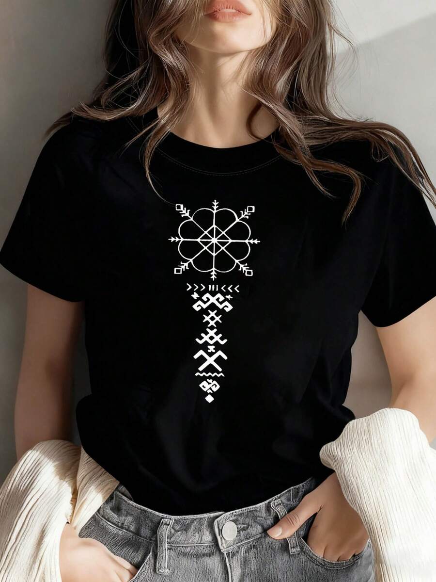 Women's Nordic Folk Art T-Shirt - Short Sleeve Crew Neck Blouse-Compatible Suitable For Spring & Summer Top With Sun Wheel & Traditional Nordic Patterns