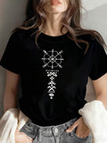 Women's Nordic Folk Art T-Shirt - Short Sleeve Crew Neck Blouse-Compatible Suitable For Spring & Summer Top With Sun Wheel & Traditional Nordic Patterns
