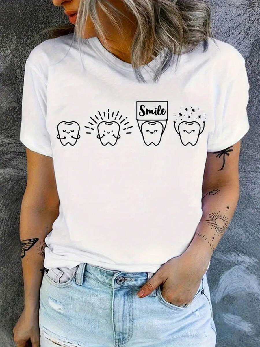 Women's Fun Teeth Print T-Shirt / Soft