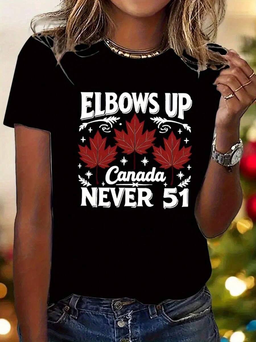 Women's " Canada Never 51" Graphic T-Shirt - Y2K Style Cartoon Maple Leaf & Red/White Lettering Print, Stretchy Comfort Fit Short Sleeve Round Neck Tee