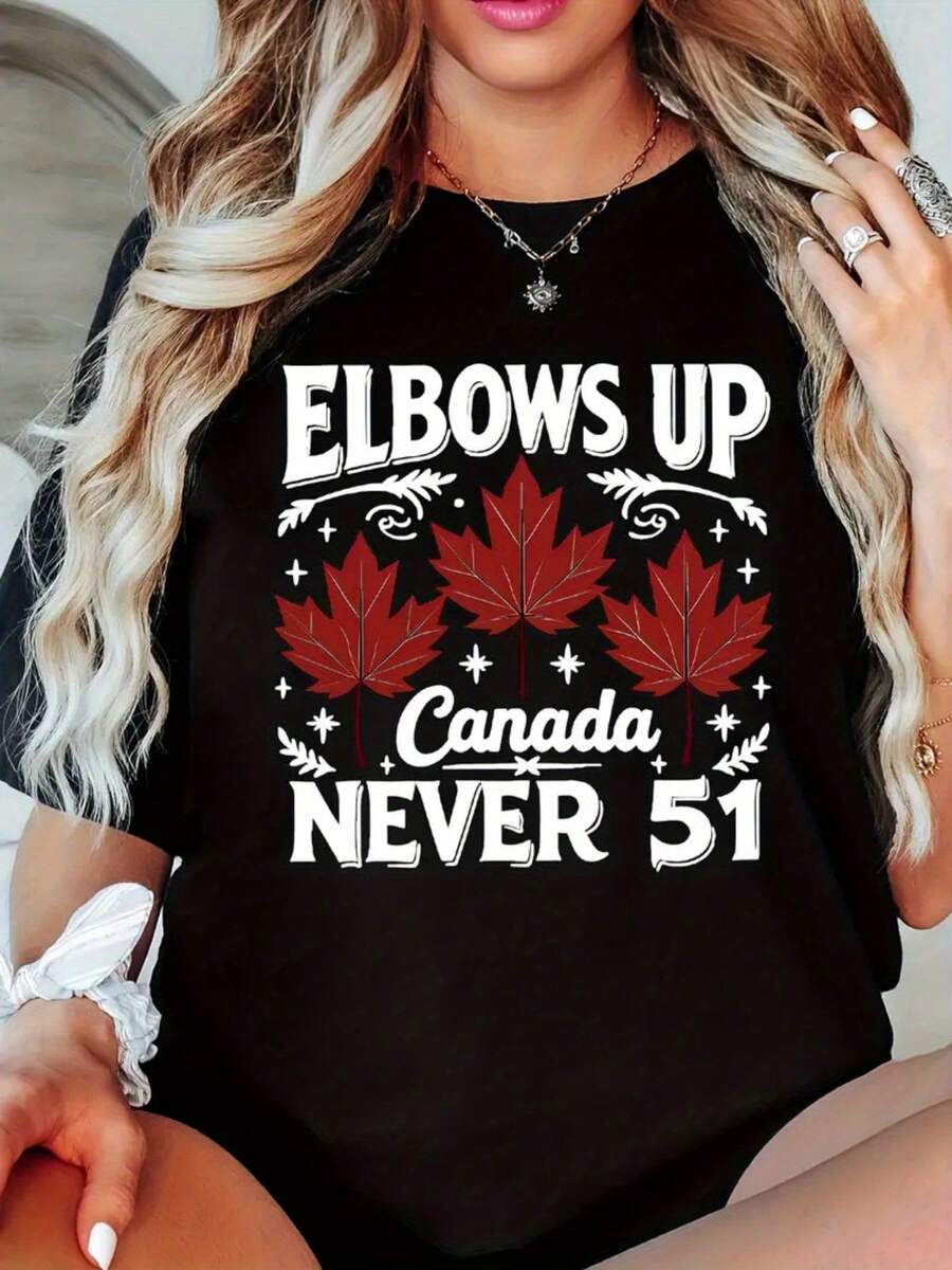Women's " Canada Never 51" Graphic T-Shirt - Y2K Style Cartoon Maple Leaf & Red/White Lettering Print, Stretchy Comfort Fit Short Sleeve Round Neck Tee