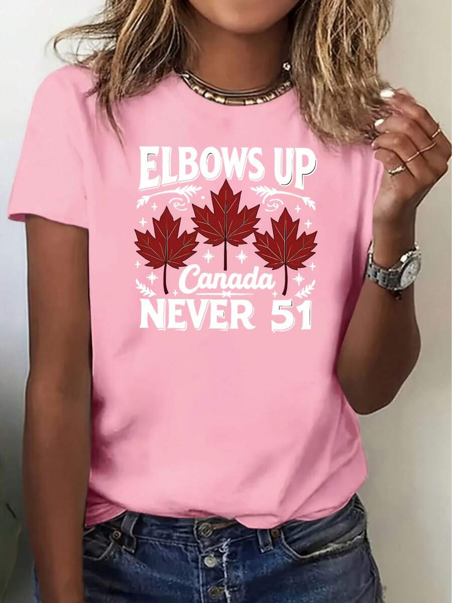 Women's " Canada Never 51" Graphic T-Shirt - Y2K Style Cartoon Maple Leaf & Red/White Lettering Print, Stretchy Comfort Fit Short Sleeve Round Neck Tee