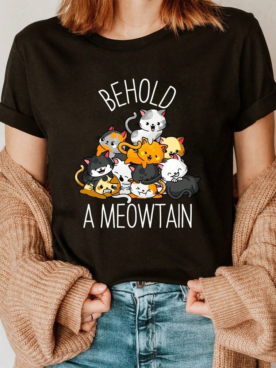 Cat Lover Gifts Behold A Meowtain Cute Kitty Cats Kitten Fashion Letter Print T-Shirt, Short Sleeve Crew Neck Casual Top For Summer & Spring, Women's Clothing