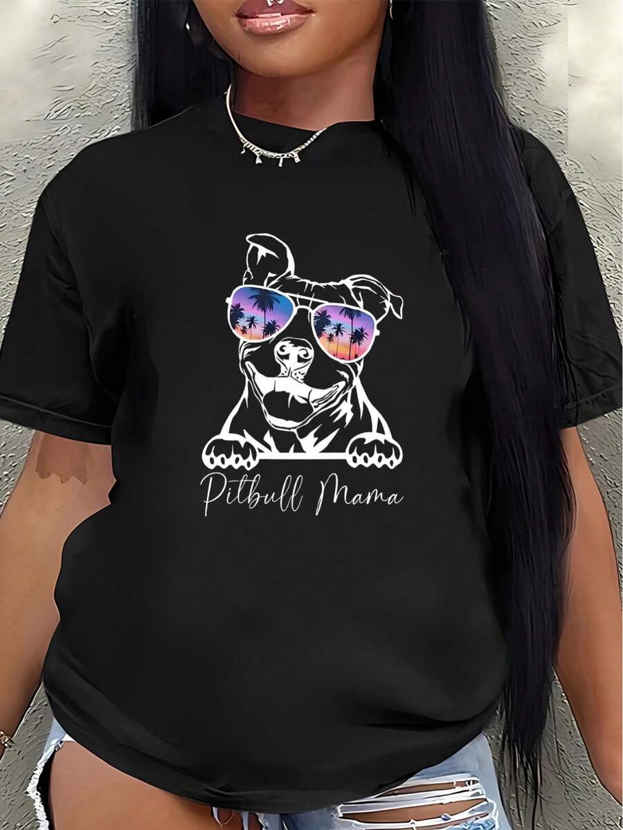 Pitbull Mama T-Shirt For Women, Polyester Short Sleeve Tee With Cool Dog Graphic, Lightweight And Durable, Perfect For Casual Wear At Home Or Outdoors