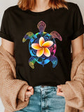 Flower Gradient Sea Turtle Fashion Letter Print T-Shirt, Short Sleeve Crew Neck Casual Top For Summer & Spring, Women's Clothing