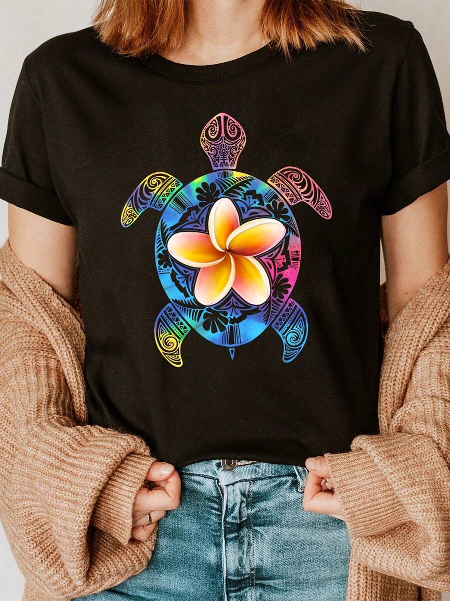 Flower Gradient Sea Turtle Fashion Letter Print T-Shirt, Short Sleeve Crew Neck Casual Top For Summer & Spring, Women's Clothing