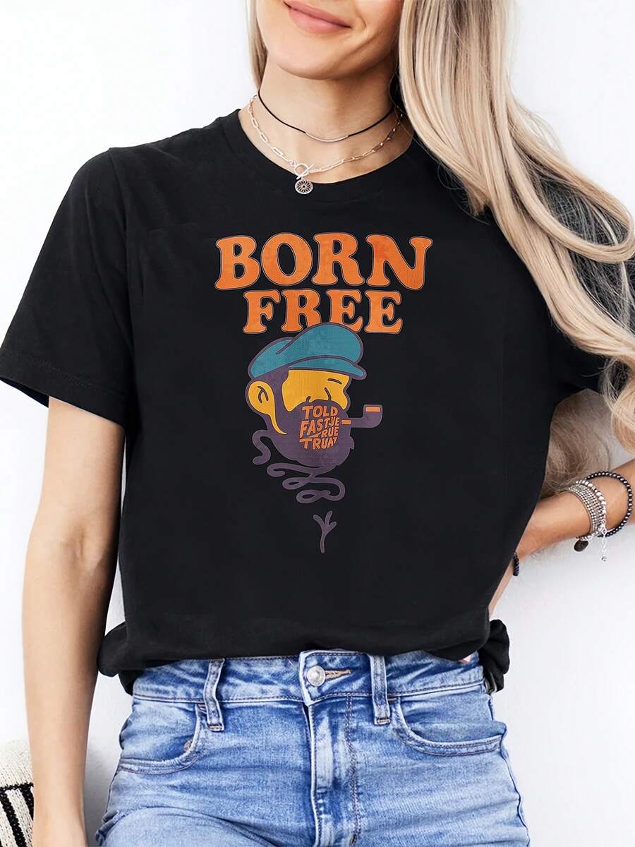 Women'S Fashionable Short Sleeve Casual Crew Neck T-Shirt| Orange Letter With Hat Wearing Monkey Pattern, Retro Style, Perfect For Family And Friends, Slight Stretch Fabric
