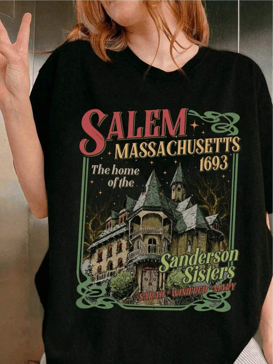 Women's Salem Witch House 1693 T-Shirt- Vintage Halloween Pattern T-Shirt With Witch Trials Palace, Black Casual Crew Neck Shirt, Suitable For Halloween Party Costumes
