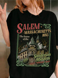 Women's Salem Witch House 1693 T-Shirt- Vintage Halloween Pattern T-Shirt With Witch Trials Palace, Black Casual Crew Neck Shirt, Suitable For Halloween Party Costumes