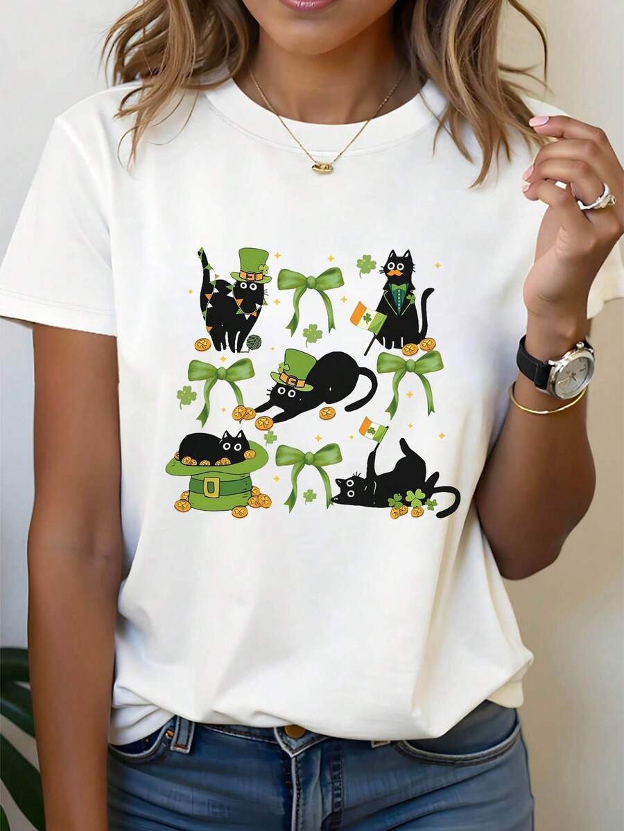 St. Patrick's Day Cute Cat Luck Design Black Cat With Green Hat & Clover Accented Graphic Print Women's T-Shirt, Short Sleeve Crew Neck Casual Top For Summer & Spring