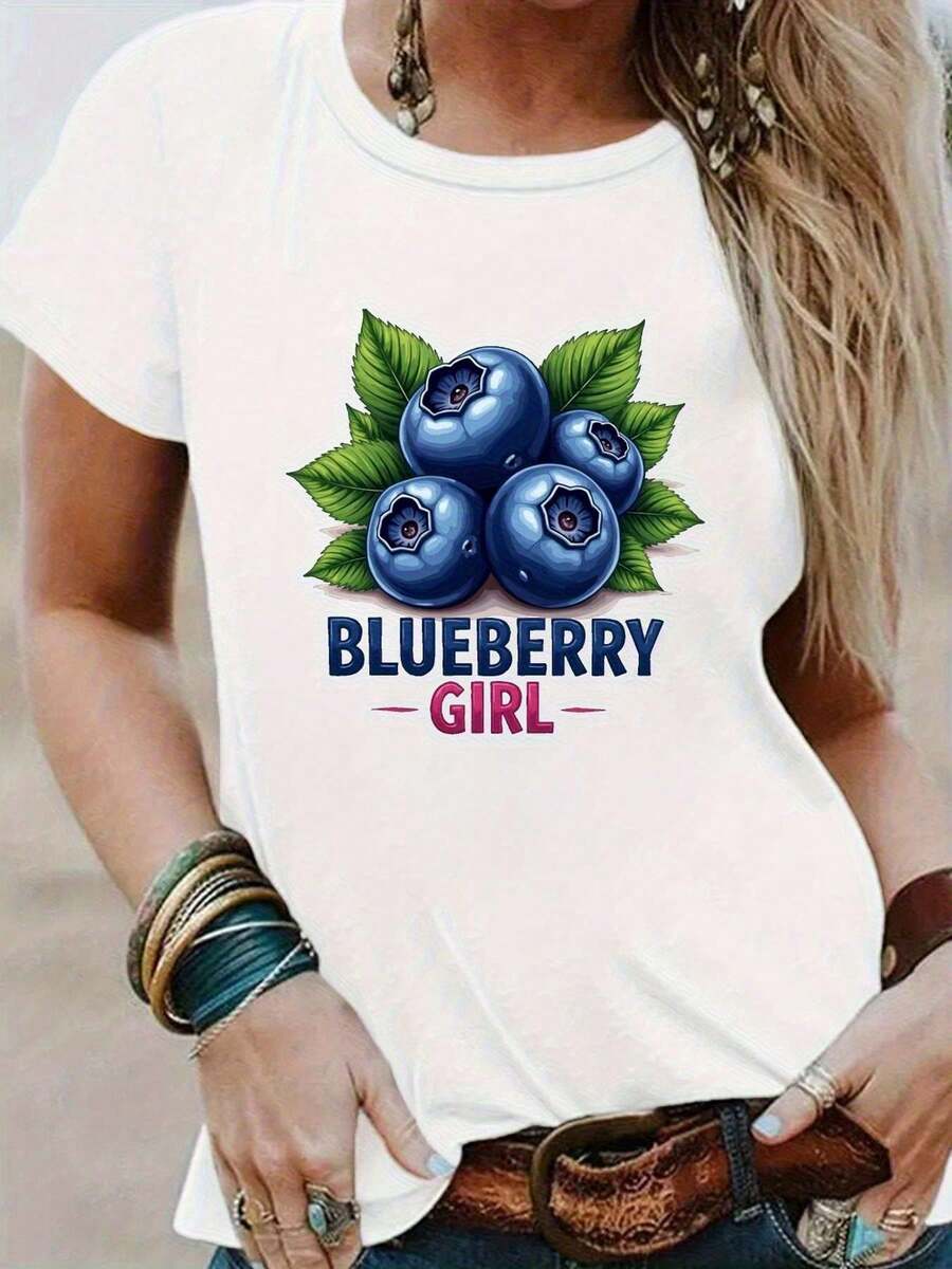 1pc Women'S Cute Blueberry Graphic T-Shirt Soft Everyday Crew Neck Tee With Purple Accent Text, Lightweight A Line Top Women Casual Outfits Fruit Lovers, Summer Outfit