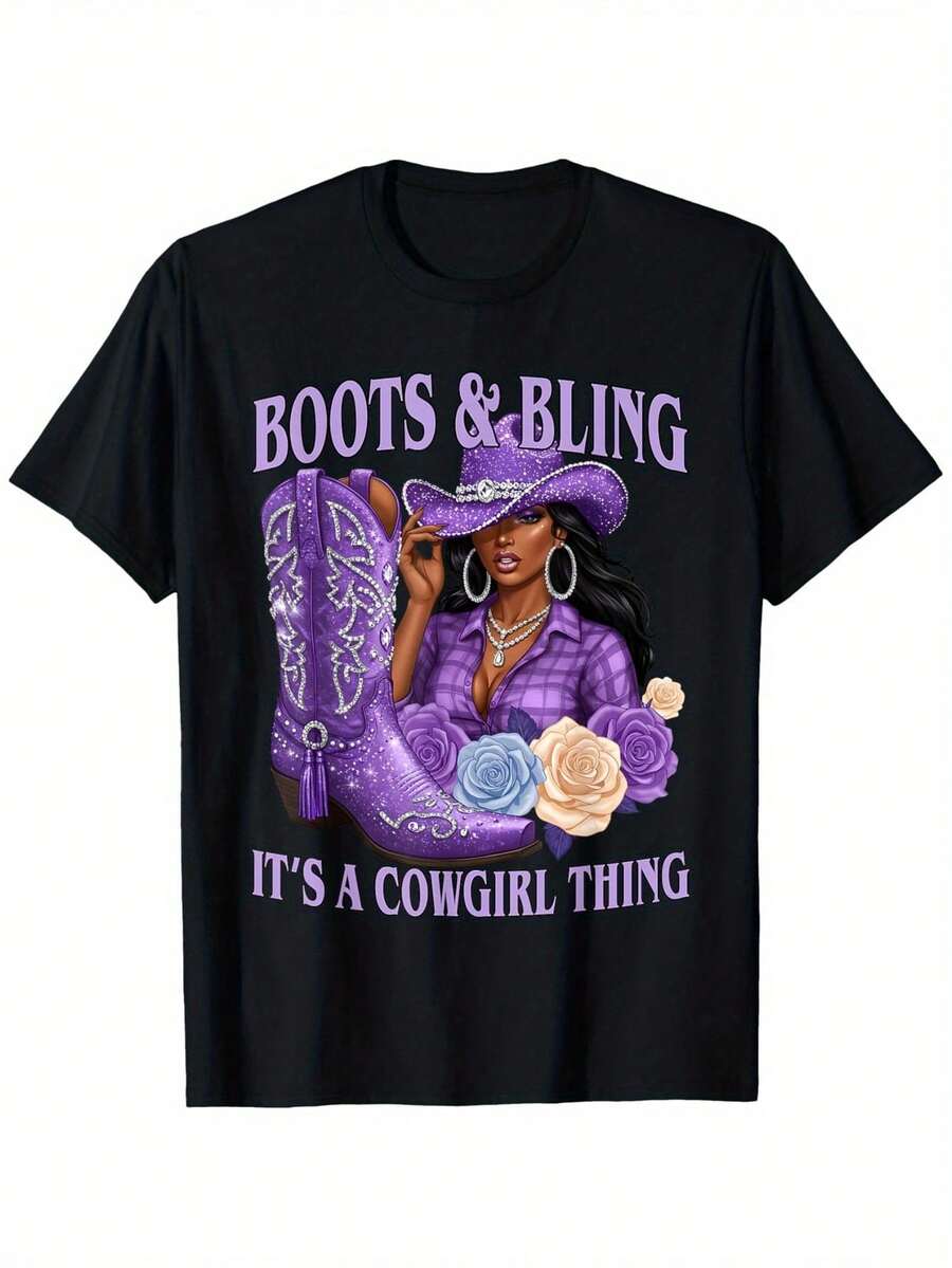Four Seasons Apparel Women's Plus Size Cowgirl T-Shirt - Western Short-Sleeve Top With Cowboy Hat & Boot Prints