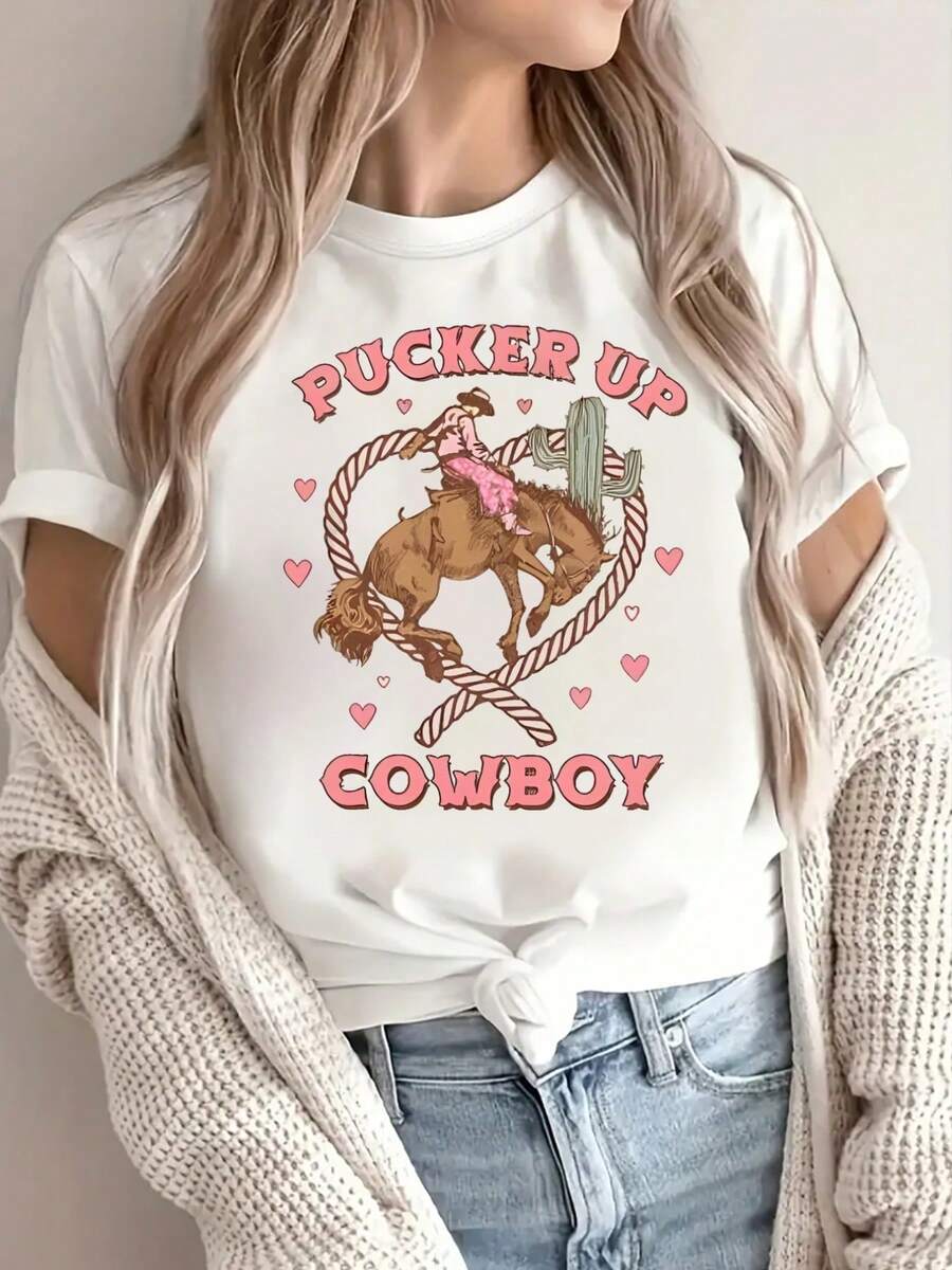 Women's Casual Short Sleeve T-Shirt - Pucker Up Cowboy Graphic Print With Western Motifs, Round Neck Regular Fit All-Season Machine Washable Top
