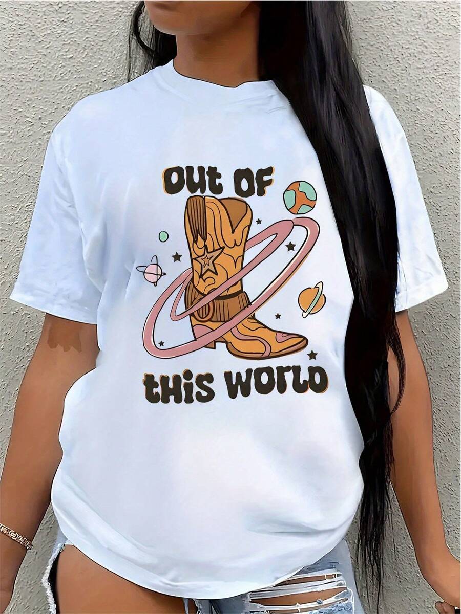 Women'S Casual Graphic T-Shirt| Western Cowboy Boots Design With Stars & Planets, 100% Stretch Fabric, Short Sleeve Round Neck Tee For Spring/Summer