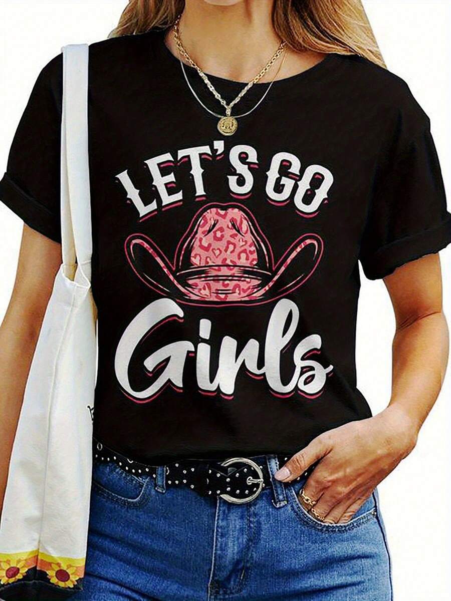Women's Western Cowgirl T-Shirt - Black Short Sleeve Casual Top With Pink Cowboy Hat & Horseshoe Print, "Let's Go " Slogan & Ice Cream Sundae Design