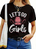 Women's Western Cowgirl T-Shirt - Black Short Sleeve Casual Top With Pink Cowboy Hat & Horseshoe Print, "Let's Go " Slogan & Ice Cream Sundae Design