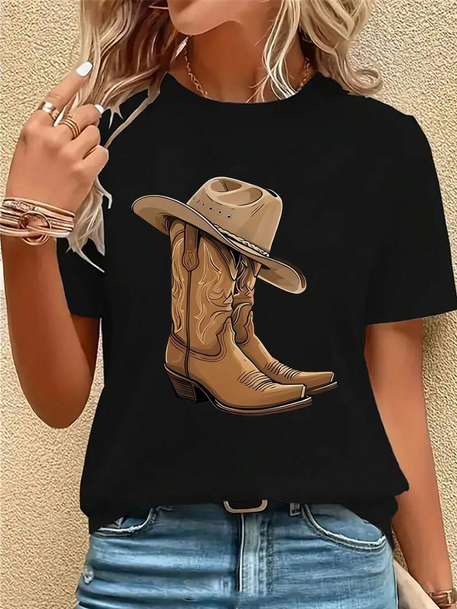 Women'S Soft Stretch And Blend T-Shirt - Geometric Printed Short-Sleeve Round Neck Top