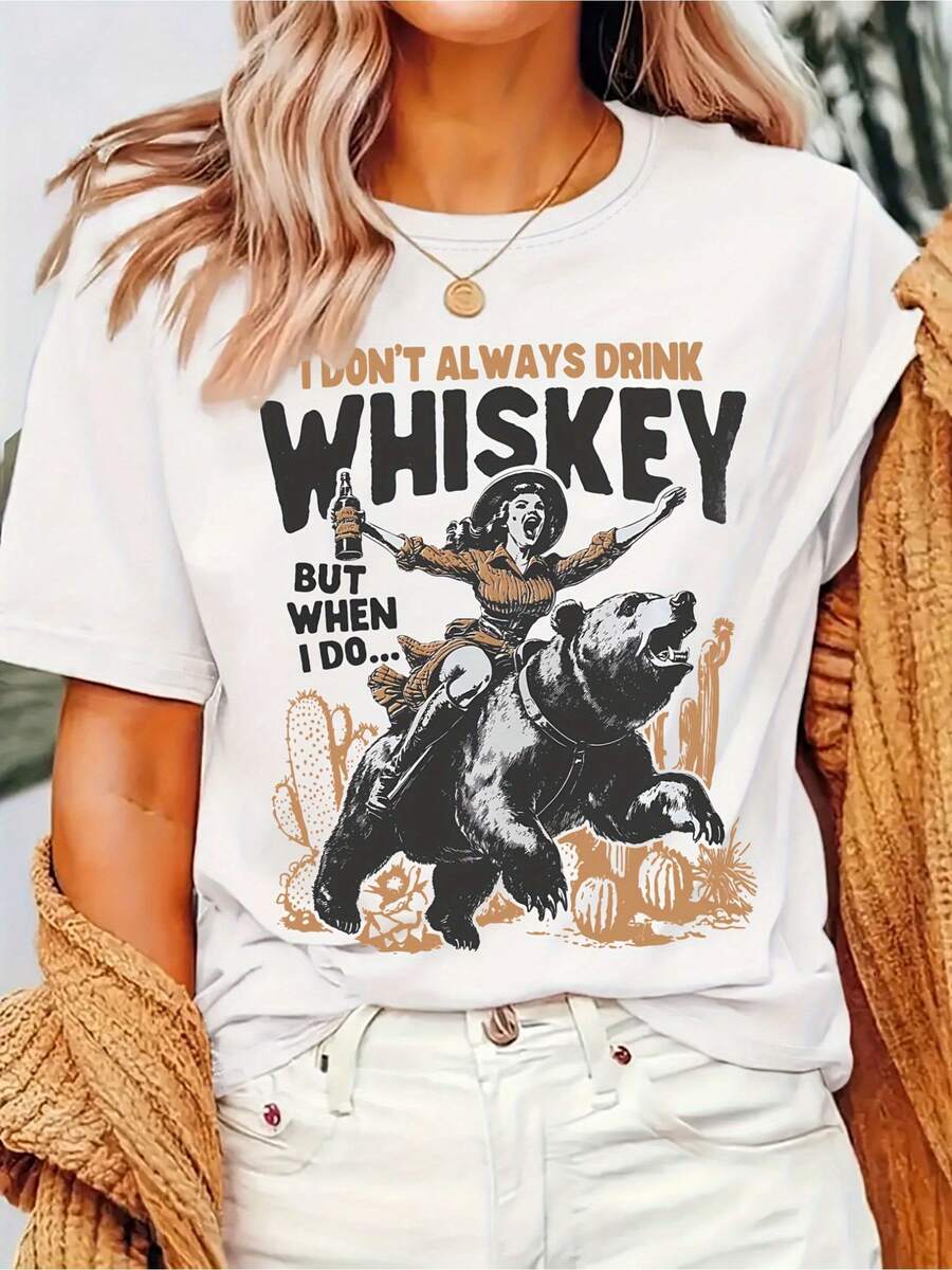 Western Cowboy Pattern Print Fashion Casual Short Sleeve| Summer Slim Fit Style, Affordable Round Neck Women'S T-Shirt