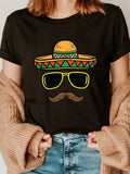 Mexican Hat Print Crew Neck T-Shirt, Short Sleeve Casual Top For Summer & Spring, Women's Clothing