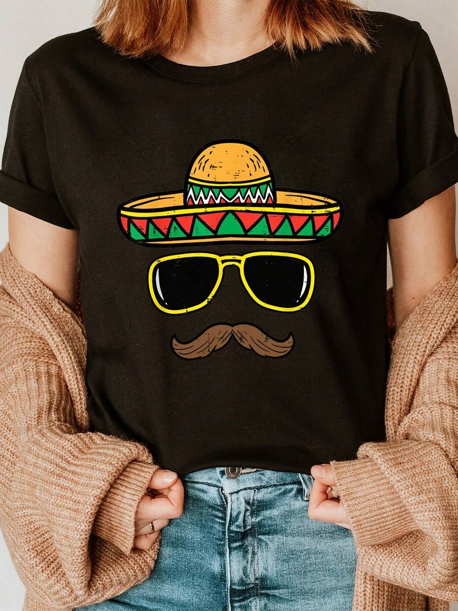Mexican Hat Print Crew Neck T-Shirt, Short Sleeve Casual Top For Summer & Spring, Women's Clothing