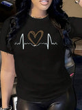 Women'S Casual Heartbeat Graphic Tee - Black Short Sleeve Crew Neck T-Shirt With Leopard Print Heart Design, Soft Polyester Blend For Summer Comfort