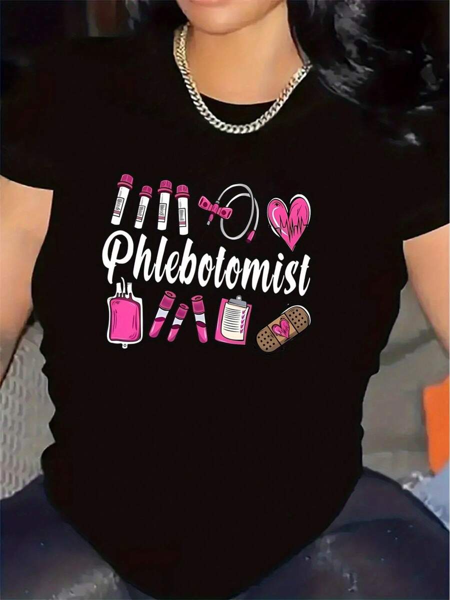 Polyester Short Sleeve T-Shirt For Phlebotomist, Durable And Comfortable, Ideal For Office Use, Featuring Fun Graphic Design With Lab Tools Icons
