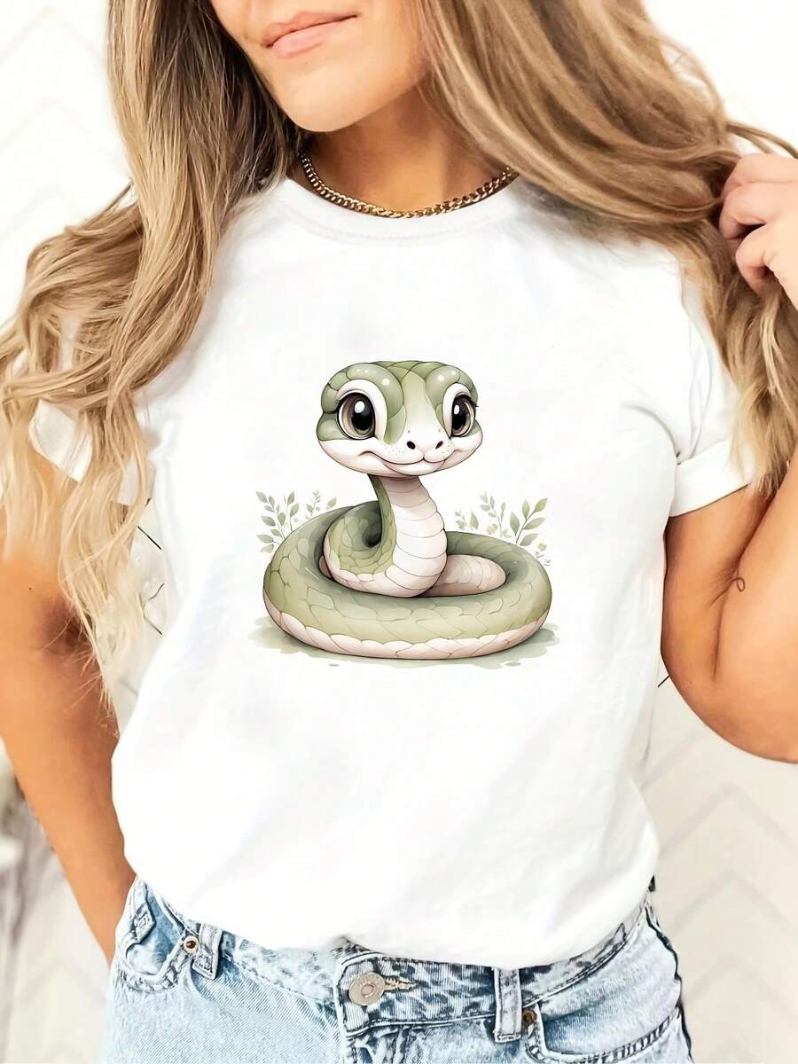 Women's Cartoon Snake & Zodiac Print Crew Neck T-Shirt - Casual Short Sleeve Top With Medium Stretch, Breathable Fabric For Spring & Summer, Machine Washable Fashion Tee