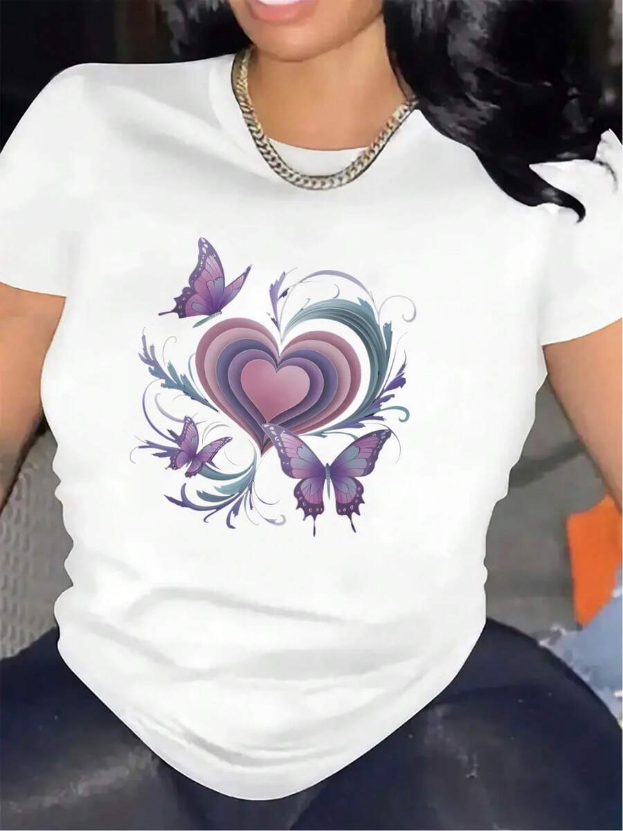 Short-Sleeved T-Shirt Featuring A Heart And Butterfly Motif, Perfect For Home Use.Made From Durable And Comfy Material, It'S Great For The Living Room Or Dining Space