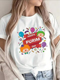 Polyester Short Sleeve T-Shirt For Purim Celebration, Festive Design With Colorful Characters And Balloons, Lightweight And Comfortable, Perfect For Party Wear At Home Or Outdoors