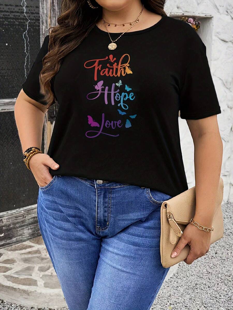 Women's Casual Short Sleeve T-Shirt - Inspirational "Faith Hope Love" Butterfly Print