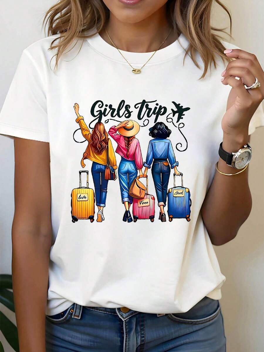 S Trip Graphic Print T-Shirt, Short Sleeve Crew Neck Casual Top For Summer & Spring