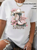 Women's Vintage Western Graphic T-Shirt - Soft Round Neck Short Sleeve Cowgirl Top With Floral Cowboy Boots & 'Let's Go Cowgirl' Print