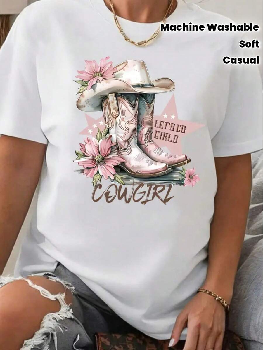 Women's Vintage Western Graphic T-Shirt - Soft Round Neck Short Sleeve Cowgirl Top With Floral Cowboy Boots & 'Let's Go Cowgirl' Print