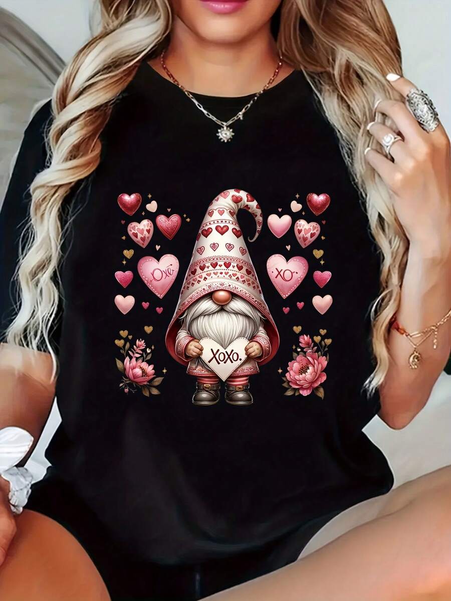 Women's Valentine's Day Dwarf & Heart Print T-Shirt - Short Sleeve Round Neck Blouse Top With Semi-Sheer Fabric Suitable For Daily Wear & Valentine's Outfits