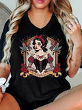 Women'S Gothic Y2K T-Shirt| Edgy "WAITING For YOU" Cartoon Character & Rose/Heart Print, Soft Round Neck, Short Sleeve, Glossy Finish, All-Season Casual Wear