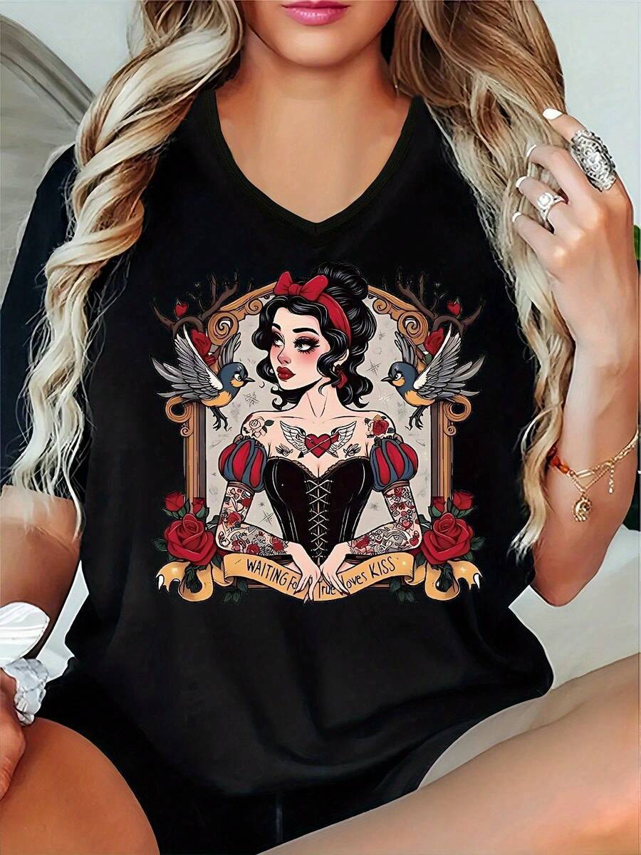 Women'S Gothic Y2K T-Shirt| Edgy "WAITING For YOU" Cartoon Character & Rose/Heart Print, Soft Round Neck, Short Sleeve, Glossy Finish, All-Season Casual Wear