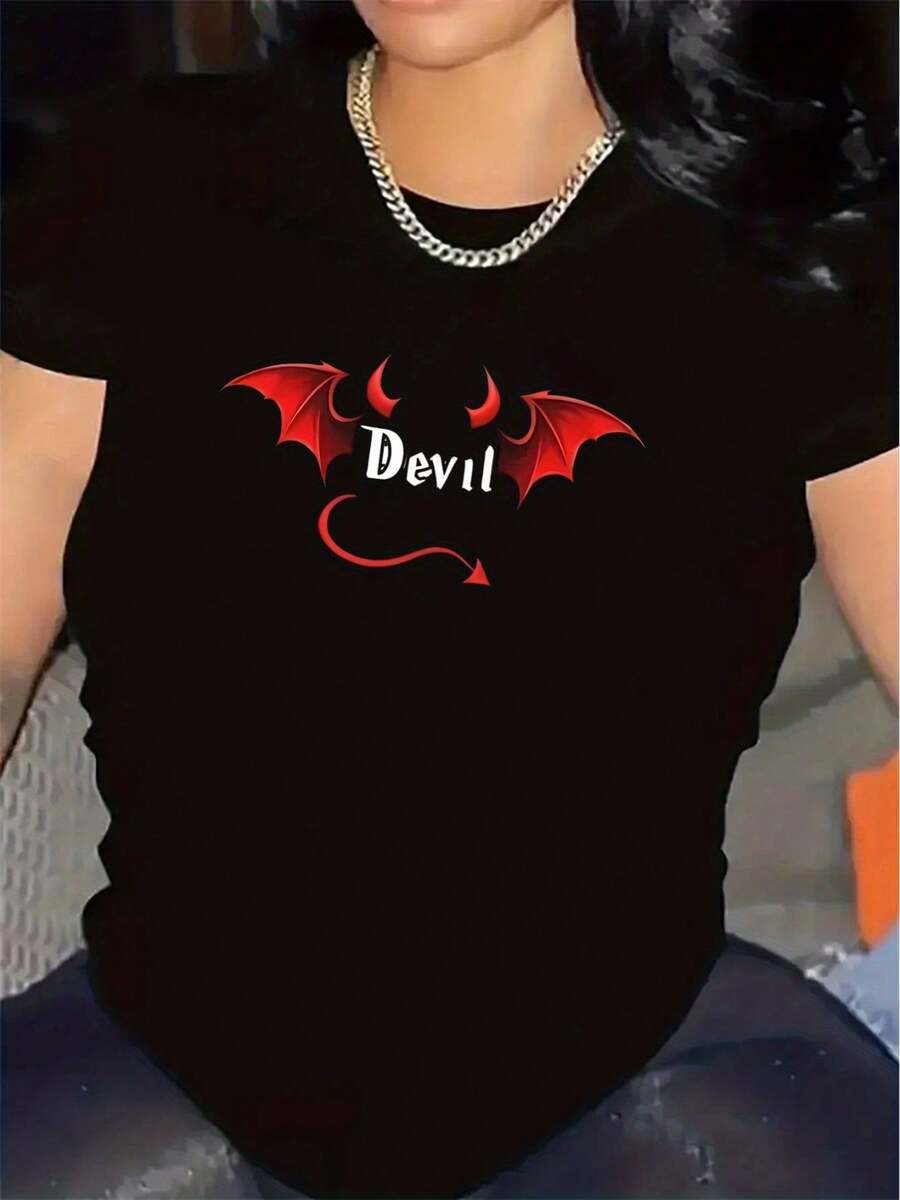 Polyester T-Shirt With Devil Design For Casual Wear