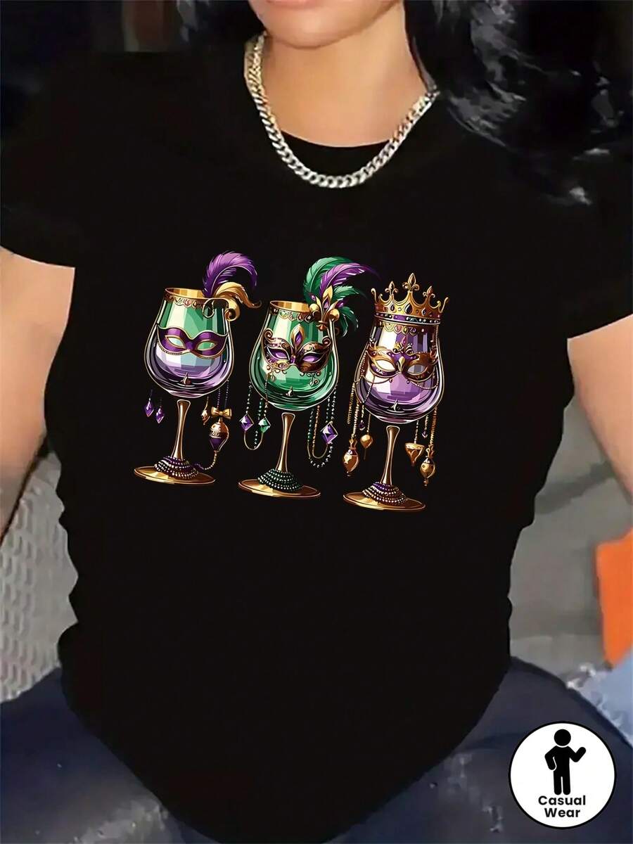 Short Sleeve T-Shirt For Women, Polyester Fabric, Mardi Gras Party Design With Colorful Glasses And Crown, Lightweight And Durable