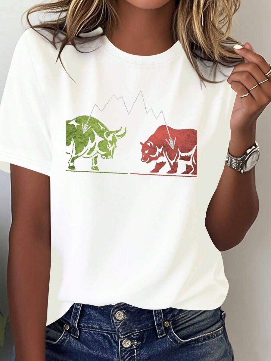 A Comfortable Women'S T-Shirt Made Of Pure Featuring A Minimalist Design Of A Bull And Bear