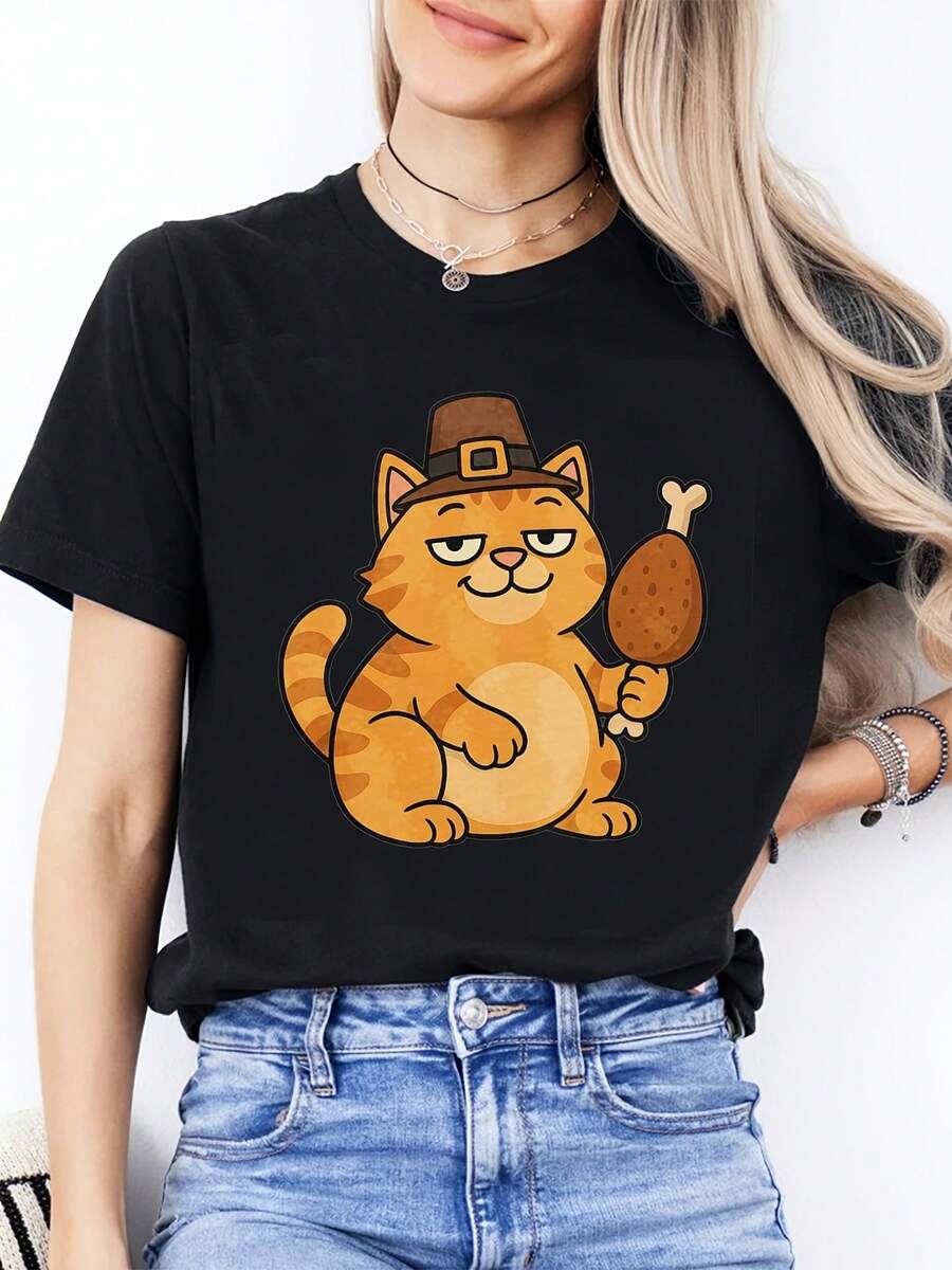 Thanksgiving Day Ladies' Round-Neck Fashionable Casual T-Shirt | Orange Cat Wearing A Hat And Holding A Turkey Leg In A Cute Cartoon Style, Short Sleeve, All-Season Wear