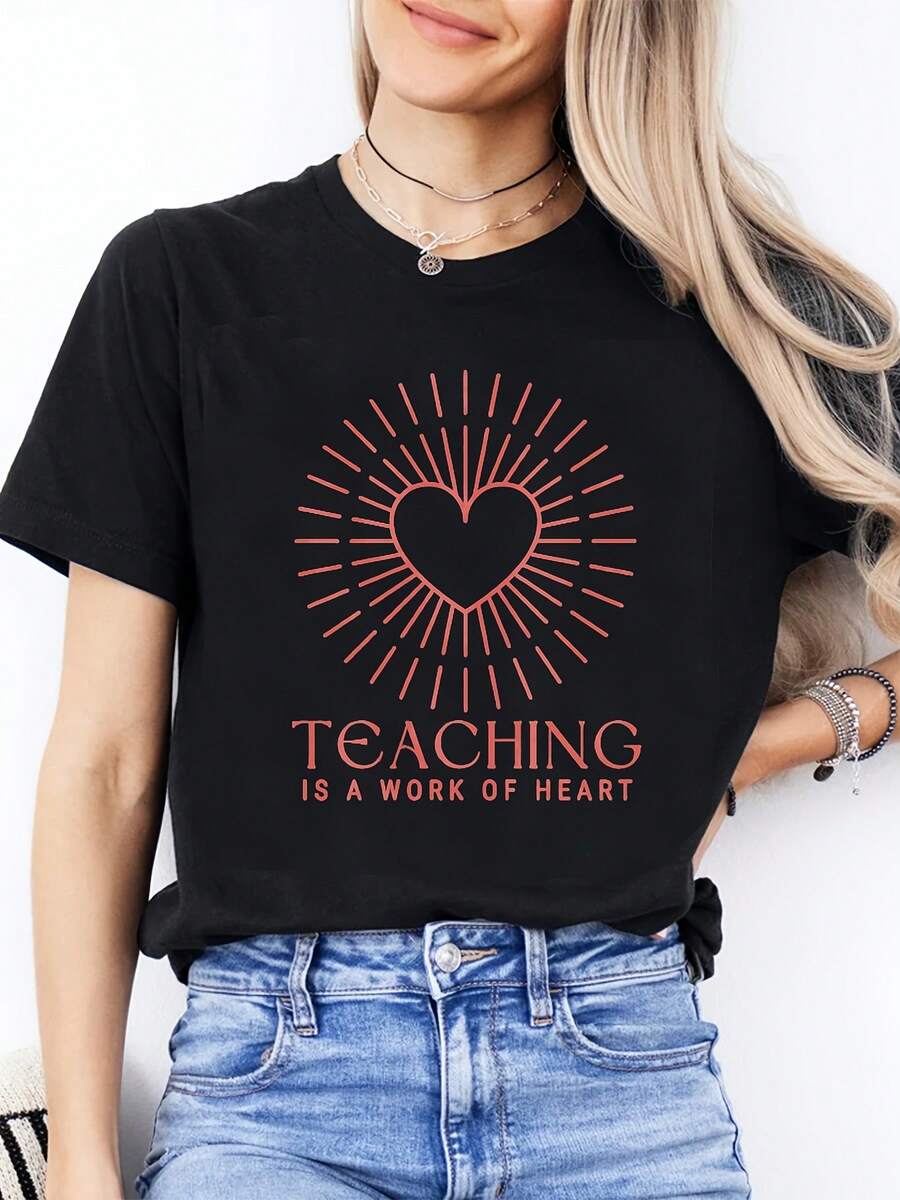 New Women'S Fashion Short-Sleeve Casual Crewneck T-Shirt| Heart Radiating Line Pattern, Warm Minimalist Style, Great Gift For Family And Friends