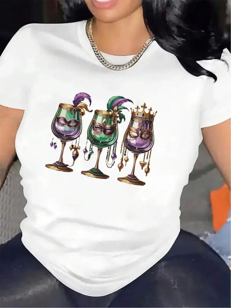 Short Sleeve T-Shirt For Women, Polyester Fabric, Mardi Gras Party Design With Colorful Glasses And Crown, Lightweight And Durable