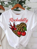 Plus Size - Women'S Plus Size "Rockabilly" Graphic Tee - Casual Crew Neck, Short Sleeve, Stretchy Polyester Blend, Vintage Leopard Heart & Cherry Print, Spring/Summer Fashion Top