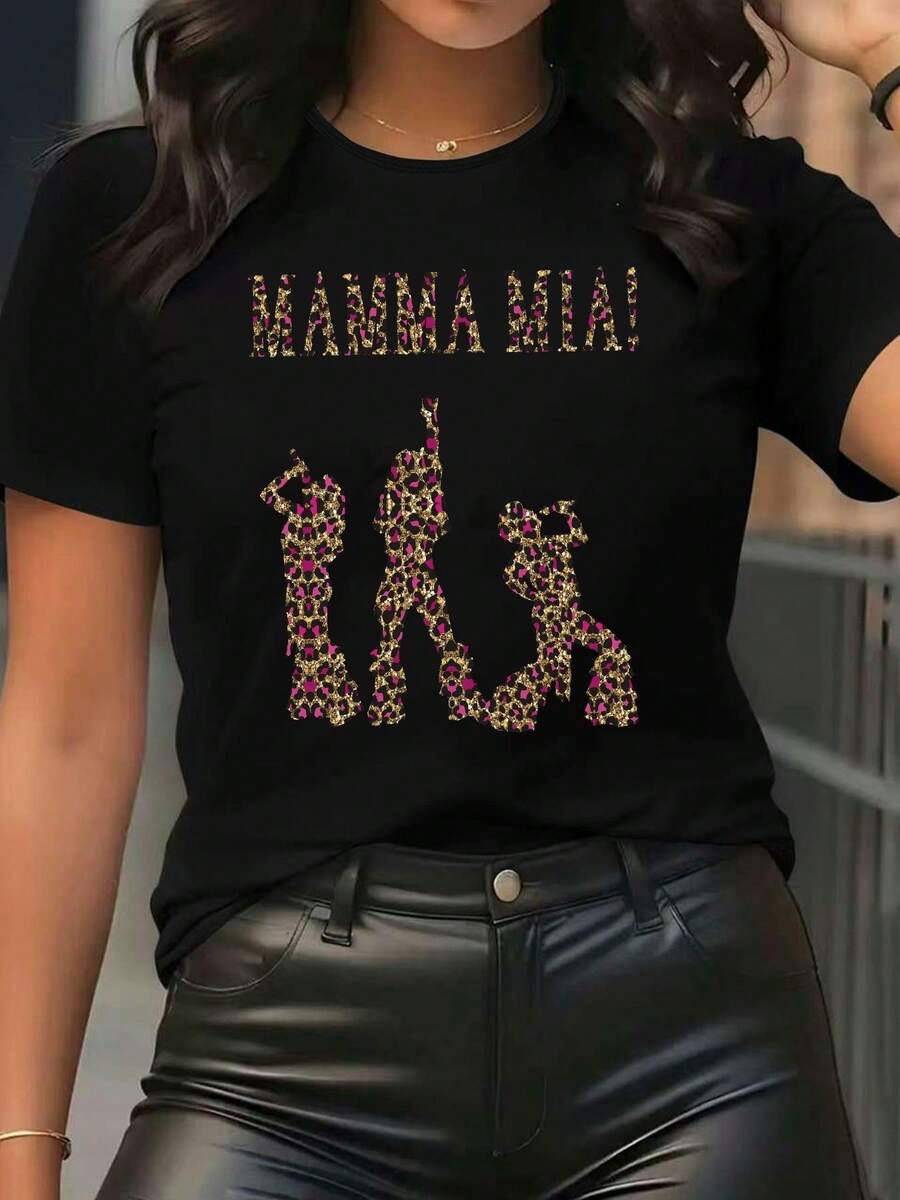 Women's Italian Opera Lyric Print T-Shirt - Mamma Mia!Musical Inspired Short Sleeve Crew Neck Top With Greek Key & Singer Silhouettes