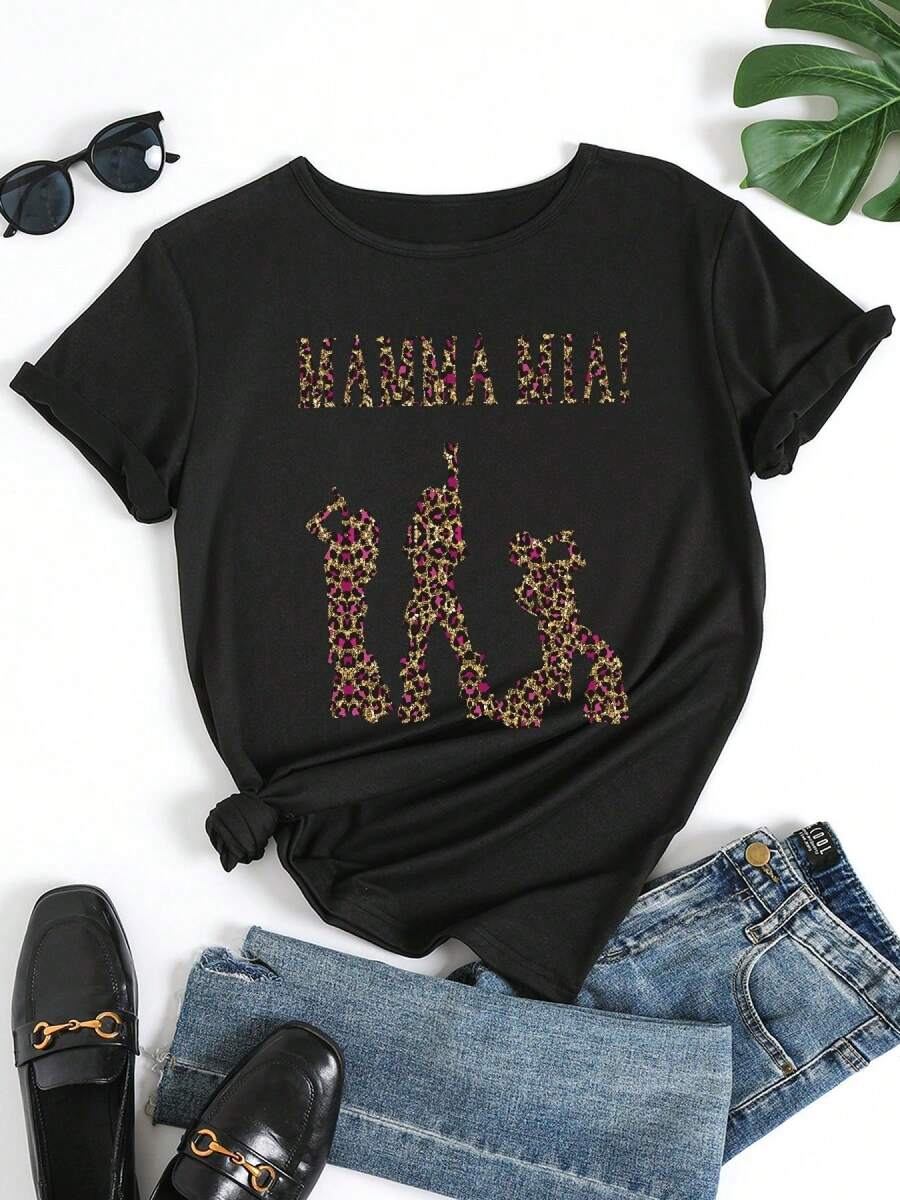 Women's Italian Opera Lyric Print T-Shirt - Mamma Mia!Musical Inspired Short Sleeve Crew Neck Top With Greek Key & Singer Silhouettes
