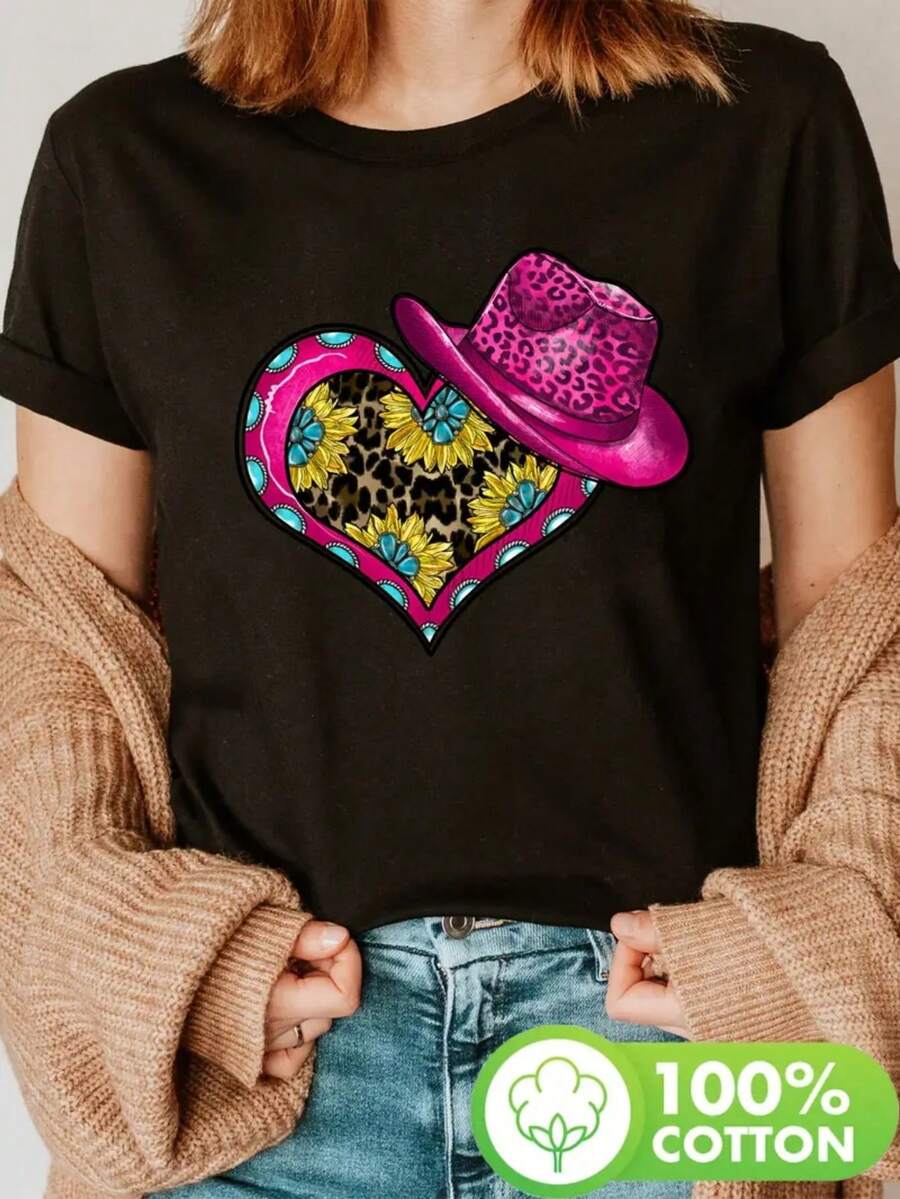 Egg Tart Orientation, Valentine'S Day Themed Printed Pure Round Neck T-Shirt, Pure Short-Sleeved Round Neck Casual Top, Machine Washable, Suitable For All Seasons